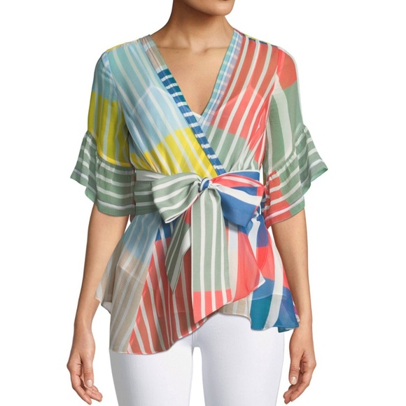 Tanya Taylor Tops - TANYA TAYLOR WOMENS SILK WRAP TOP BLOUSE SHEER MULTICOLOR